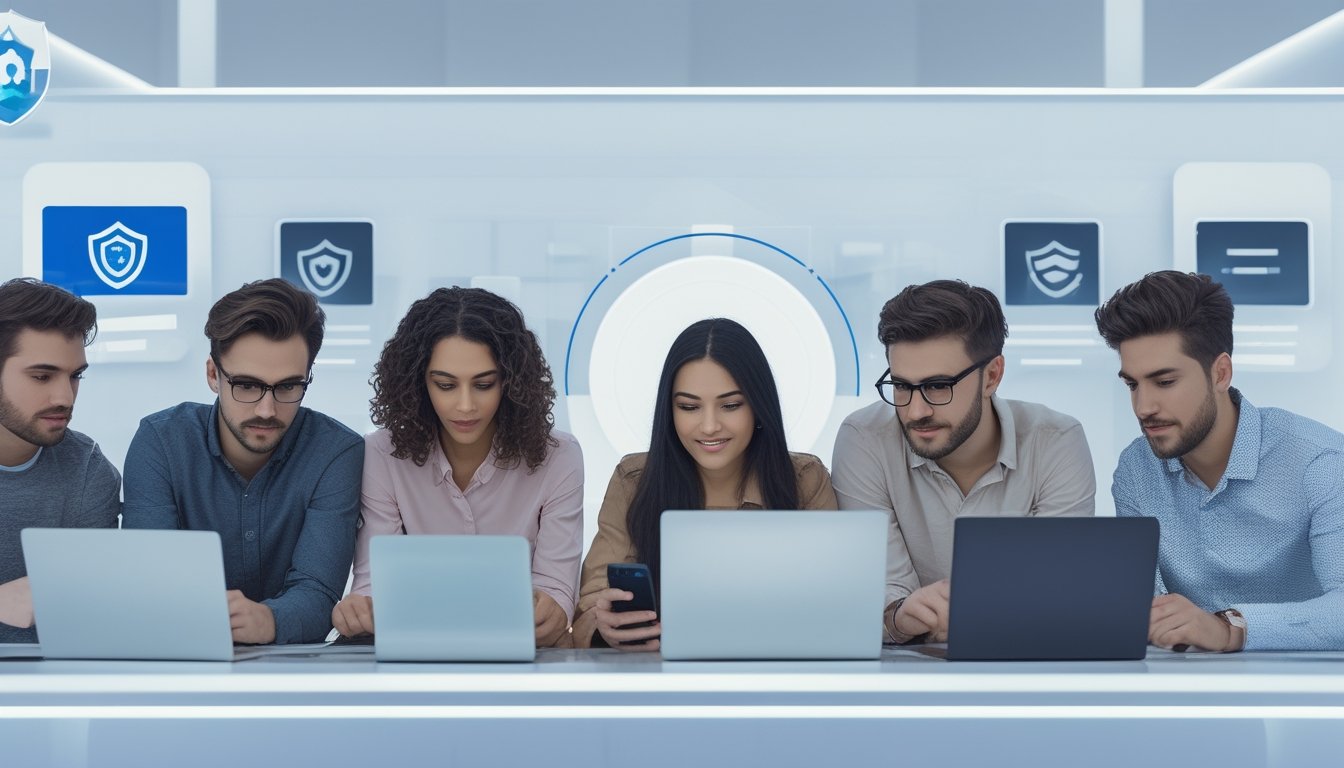 Orang-orang muda menggunakan laptop dan ponsel di lingkungan kasino online yang aman dan modern.