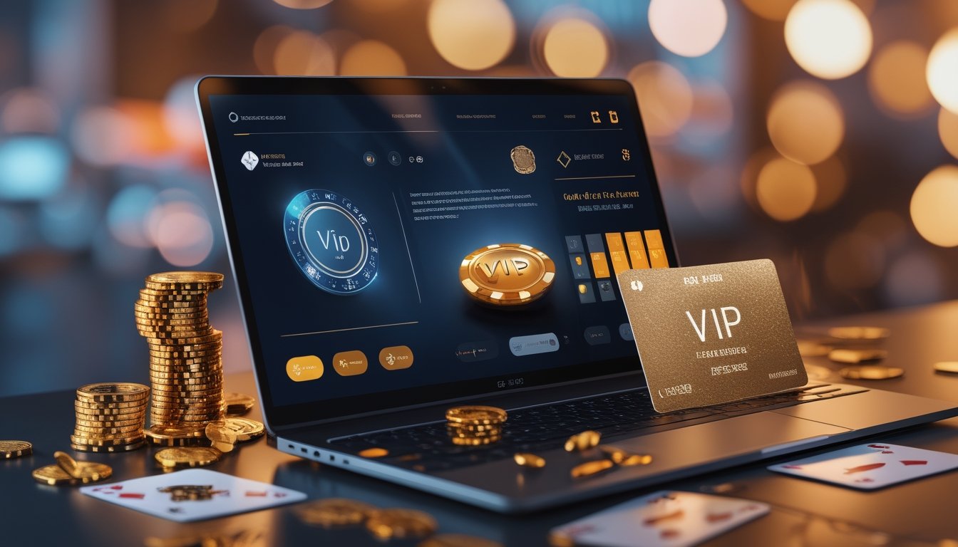 Sebuah komputer dengan tampilan situs kasino online VIP, dikelilingi chip emas dan kartu remi, menggambarkan program VIP dan cashback kasino online.