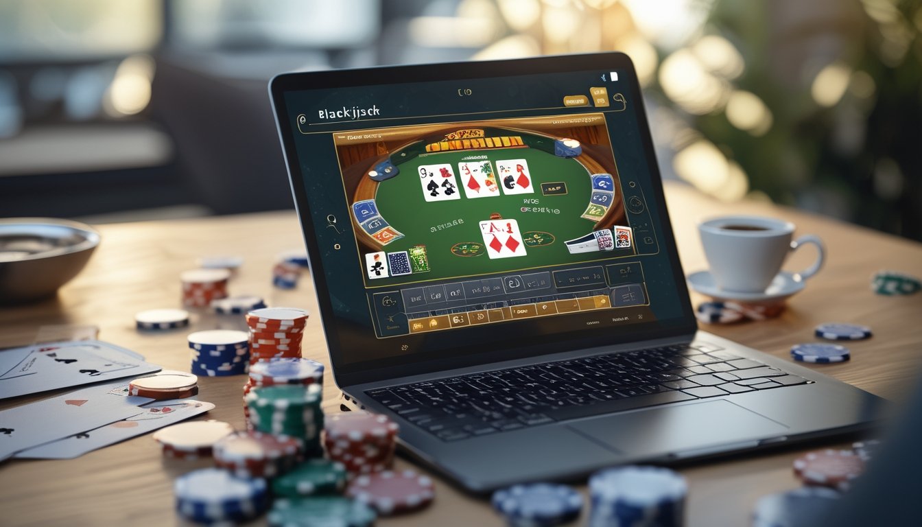 Seorang pemain sedang menggunakan laptop dengan permainan blackjack online di layar, dikelilingi oleh kartu remi dan chip poker di atas meja kayu.