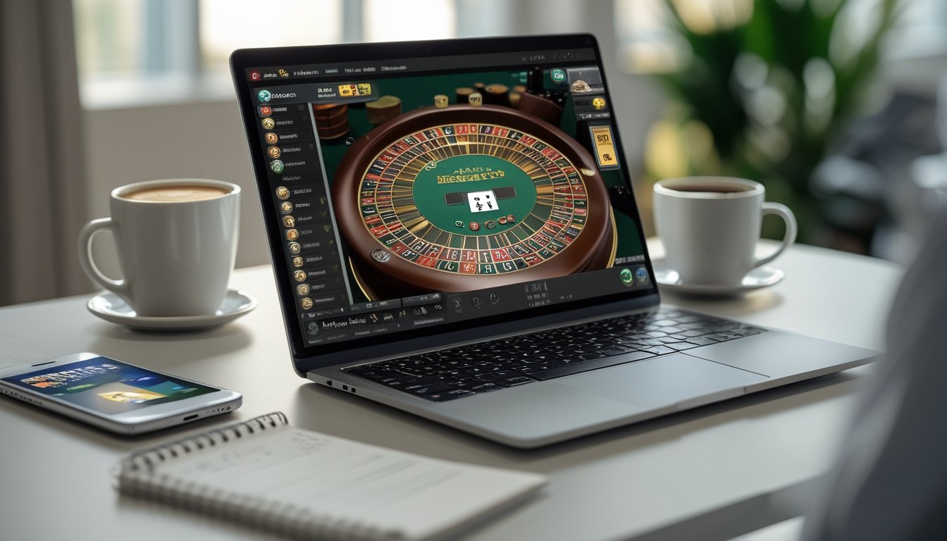 Seorang pemain sedang bermain blackjack online di depan komputer dengan kartu terlihat di layar dan suasana meja kerja yang nyaman.