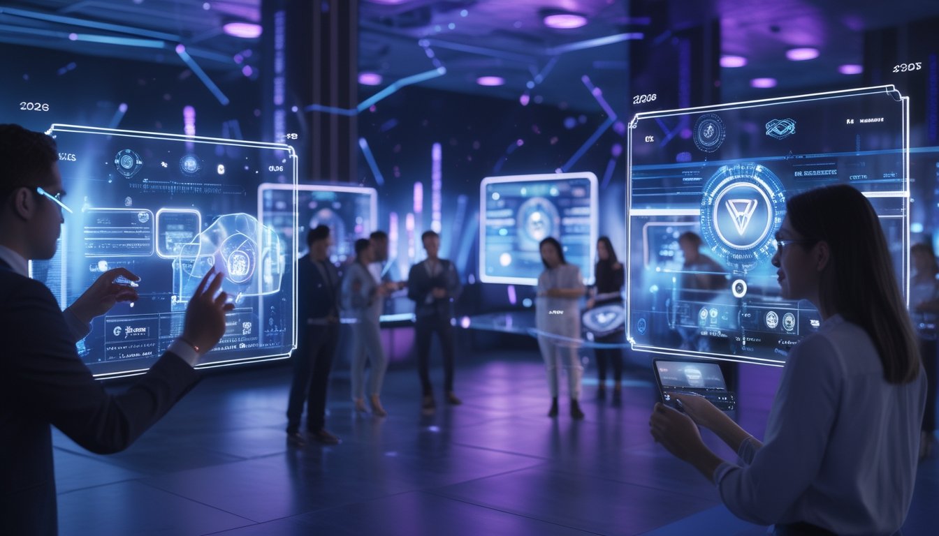 Orang-orang menggunakan teknologi canggih di kasino online futuristik dengan layar holografik dan suasana pencahayaan biru ungu.
