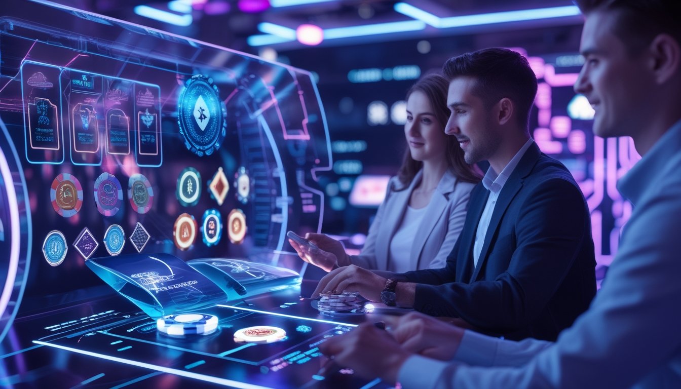 Orang-orang menggunakan perangkat layar sentuh dengan elemen kasino digital dan latar belakang teknologi futuristik.