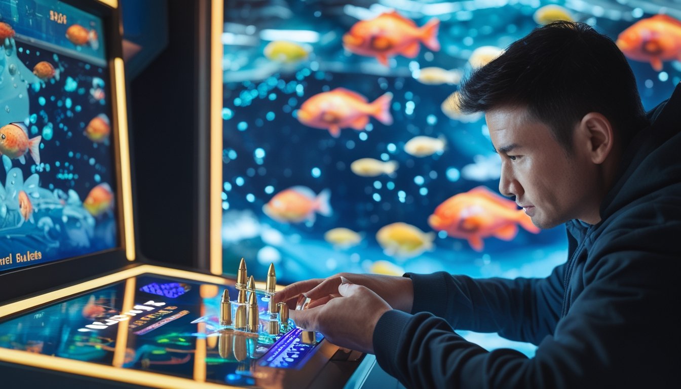 Seorang pemain fokus mengoperasikan mesin permainan menembak ikan dengan latar belakang visual bawah laut penuh ikan berwarna-warni dan efek cahaya.