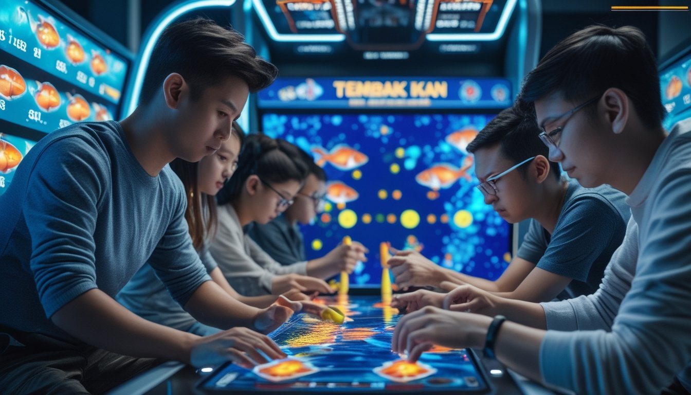 Beberapa orang sedang bermain permainan tembak ikan dengan fokus, mengelola peluru di layar permainan yang penuh warna dan menampilkan ikan-ikan target.