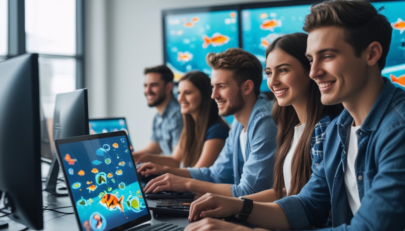 Sekelompok orang muda bermain game tembak ikan online bersama di ruangan modern dengan beberapa layar menampilkan grafis ikan berwarna-warni.