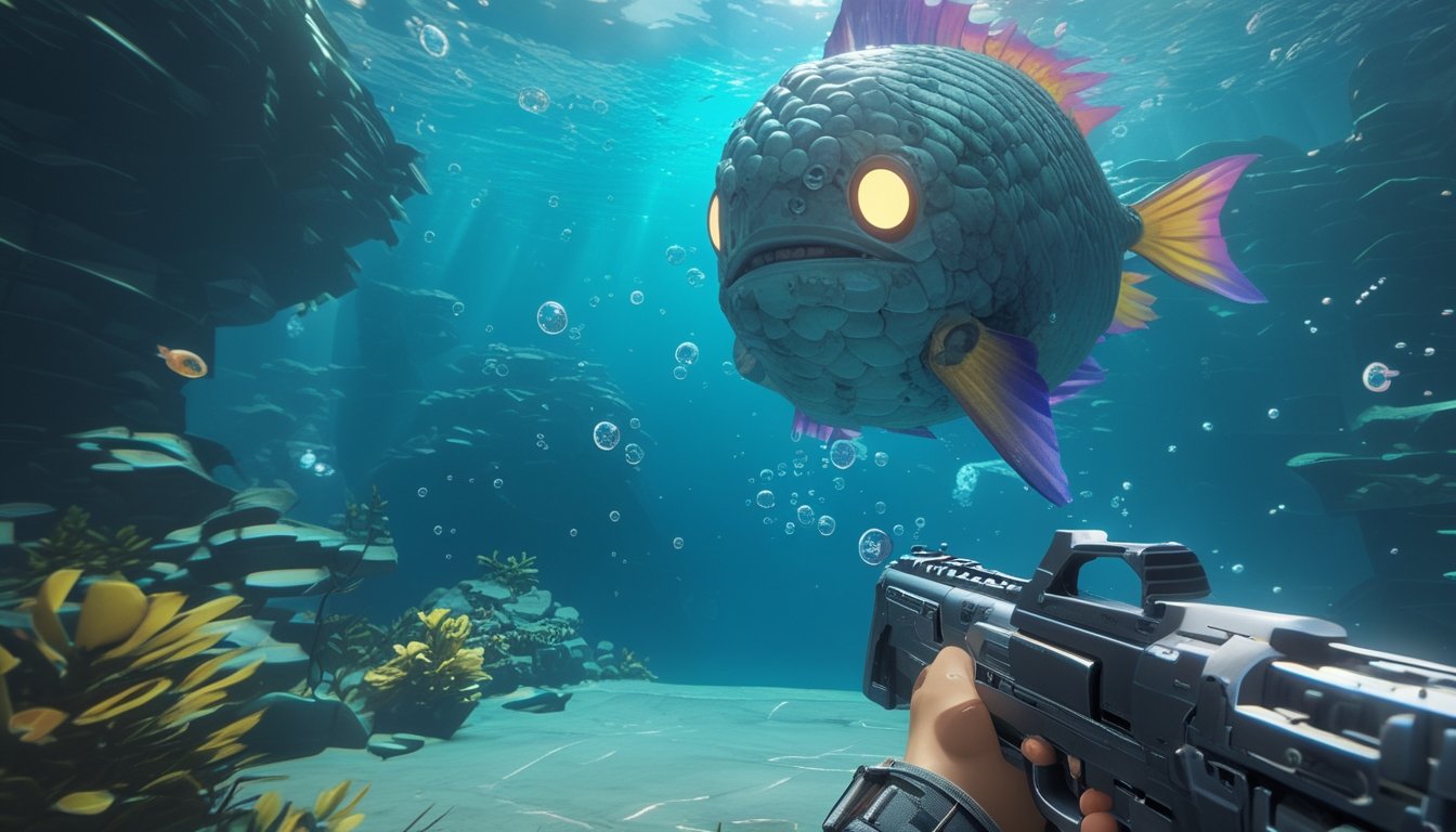 Seorang pemain memegang senjata sederhana dan menembak ikan raksasa di bawah laut.