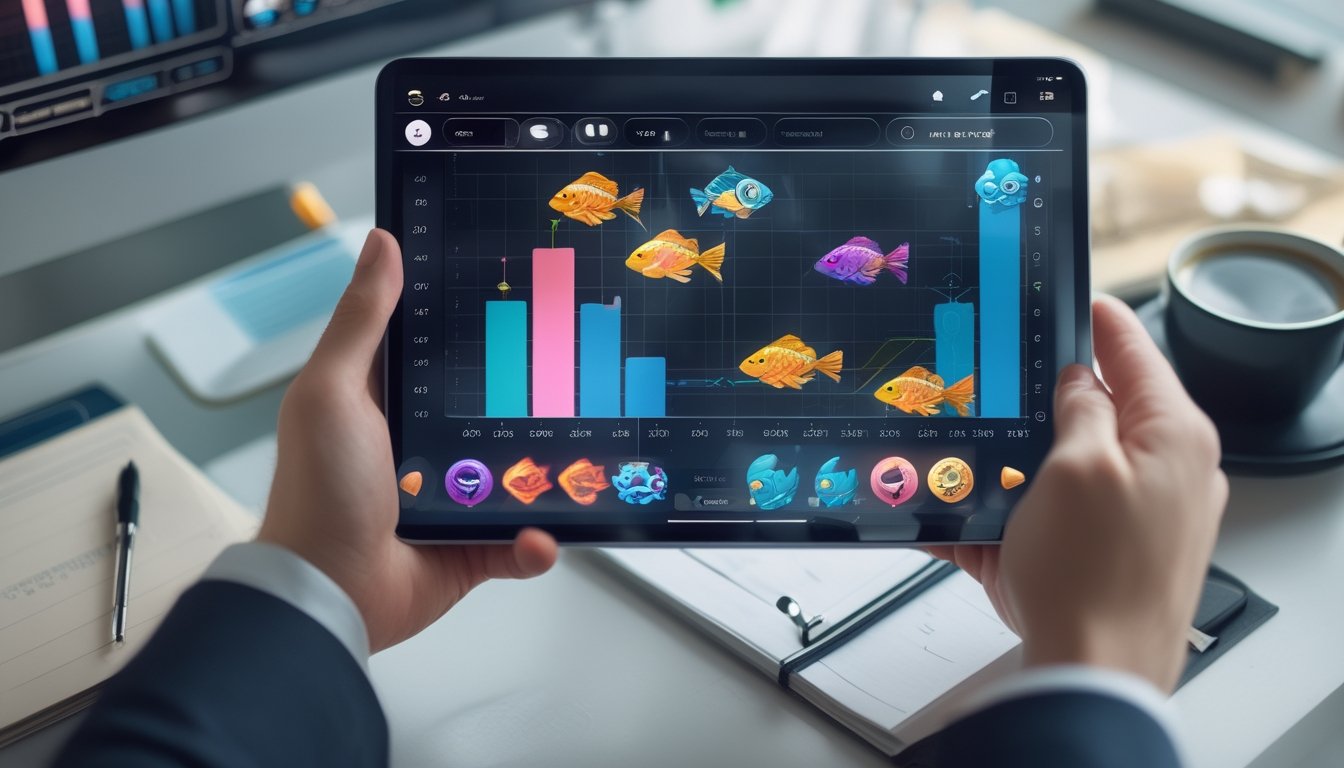 Tangan seseorang sedang menganalisis grafik dan data pada tablet digital dengan ikon ikan berwarna-warni di layar, di atas meja kerja modern.