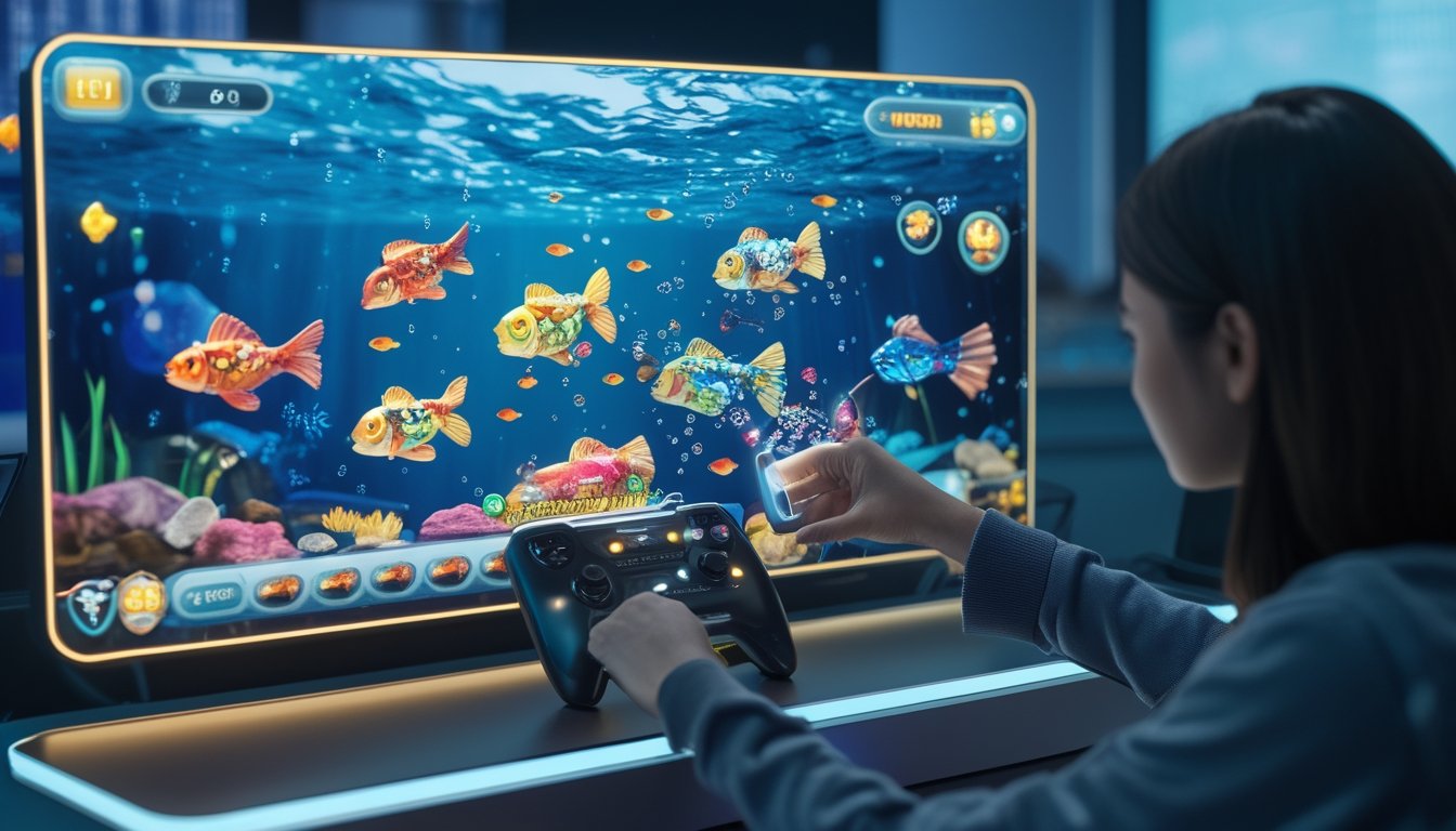 Seorang pemain sedang fokus bermain game tembak ikan dengan layar besar yang menampilkan berbagai ikan spesial berwarna-warni di bawah laut.
