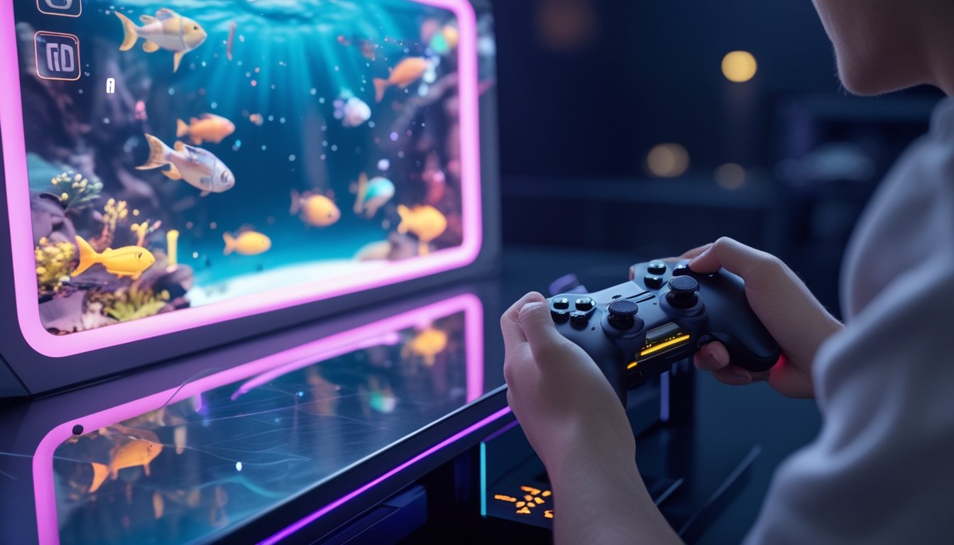 Tangan pemain memegang pengontrol game mengarah ke layar dengan permainan menembak ikan yang penuh warna dan berbagai ikan animasi.