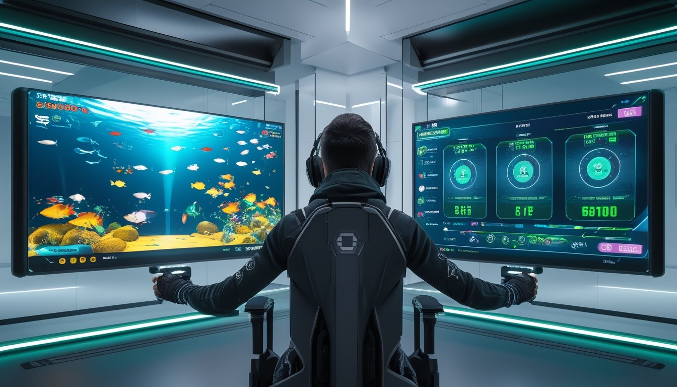Seorang gamer menggunakan dua layar digital yang menampilkan permainan tembak ikan dengan sistem acak dan sistem keterampilan di lingkungan gaming futuristik.