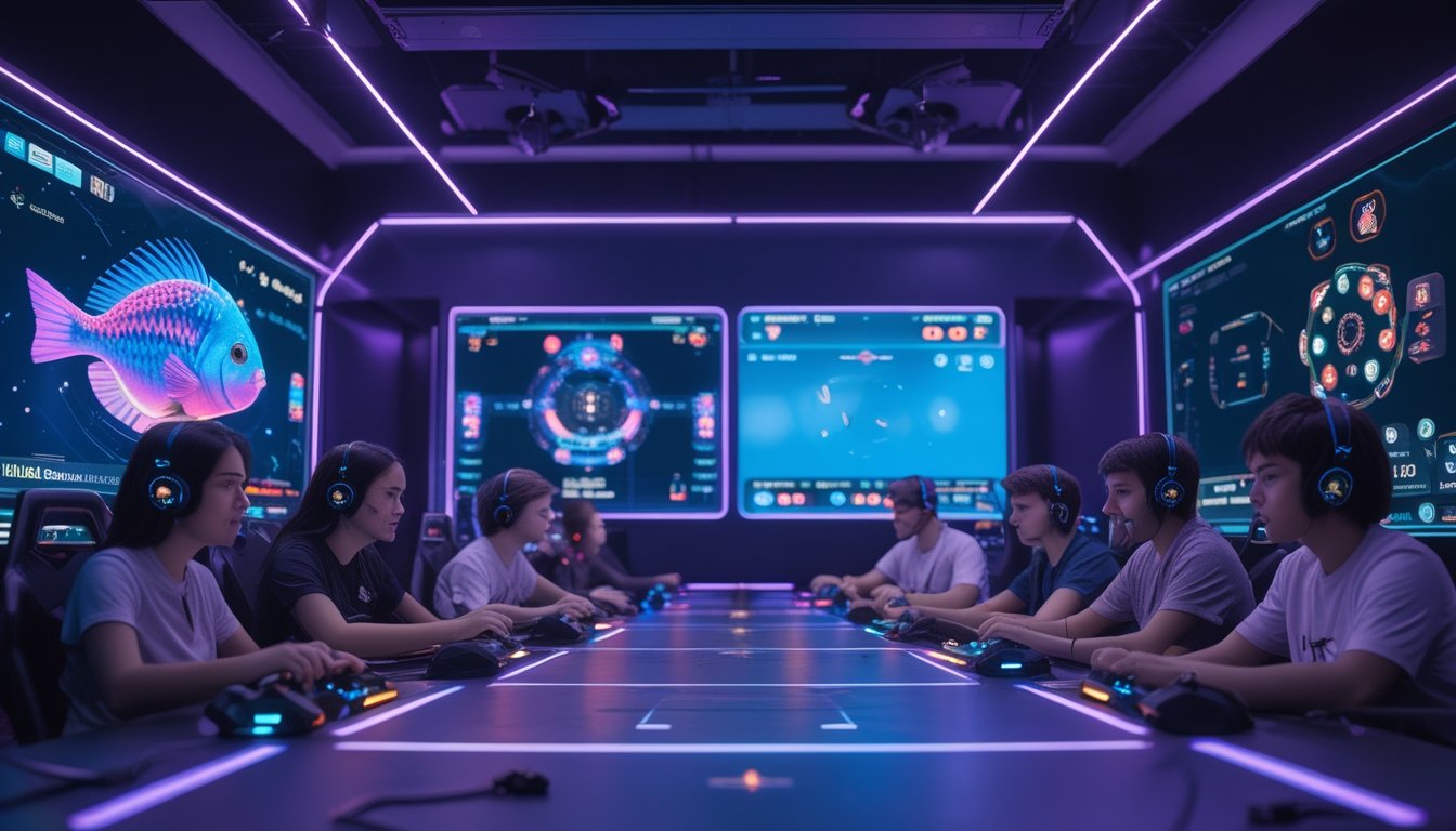 Beberapa orang sedang bermain game tembak ikan dengan dua layar yang menunjukkan perbedaan antara permainan berbasis keberuntungan dan sistem keterampilan.