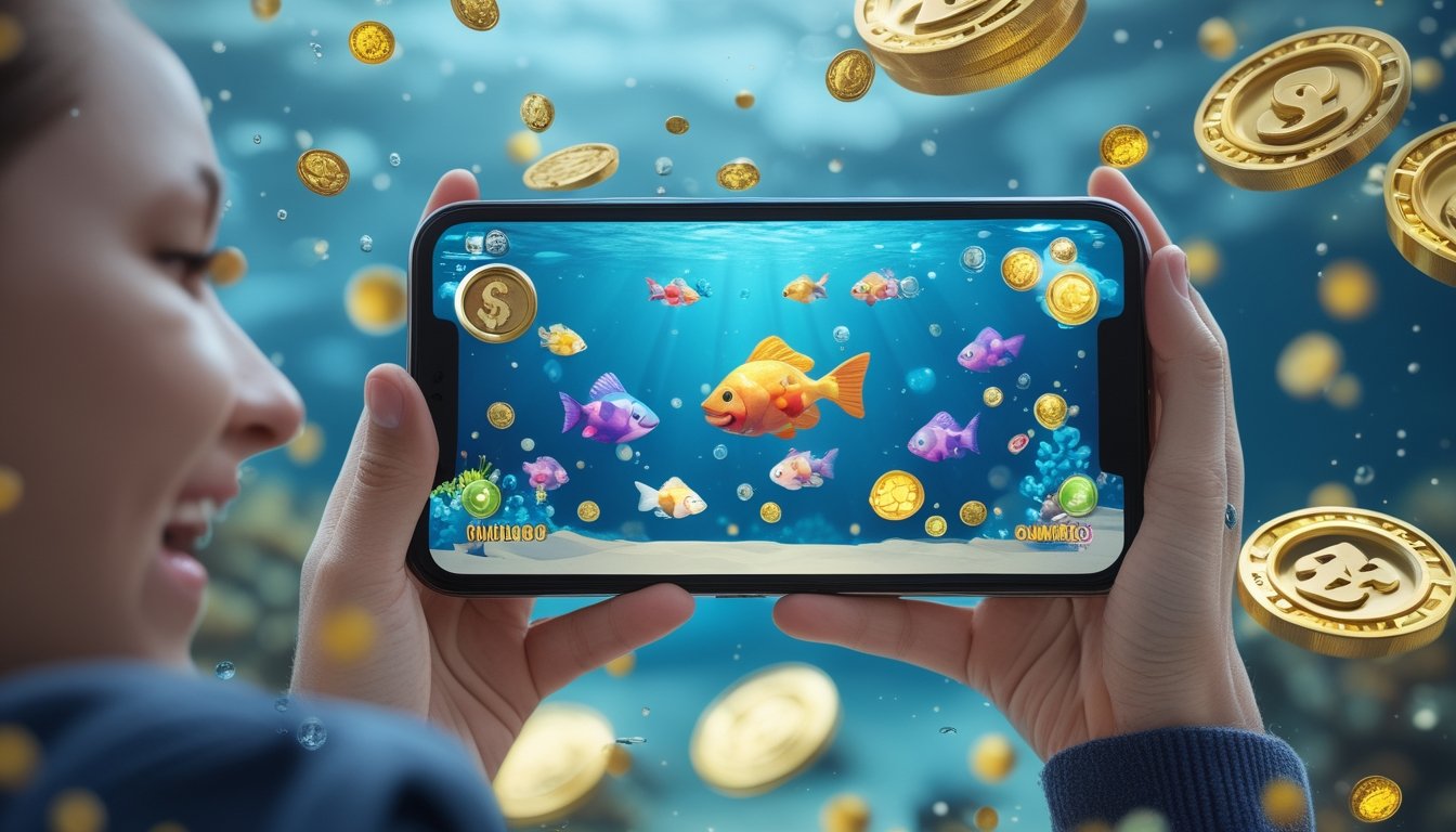 Seseorang memegang ponsel yang menampilkan permainan menembak ikan dengan koin emas dan ikan berwarna-warni di layar.