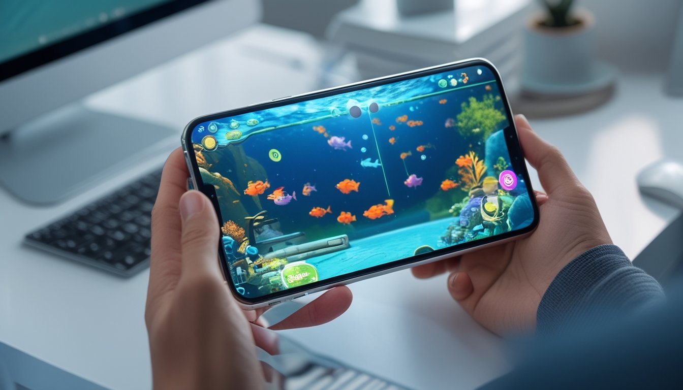 Seseorang memegang smartphone yang menampilkan permainan tembak ikan 3D dengan grafis warna-warni di layar.