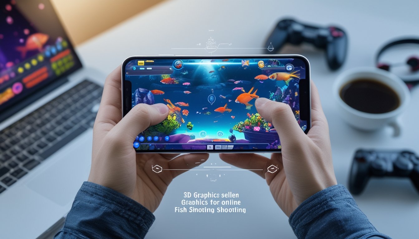 Seseorang memegang smartphone yang menampilkan permainan ikan 3D dengan latar belakang meja kerja berisi laptop dan aksesori game.