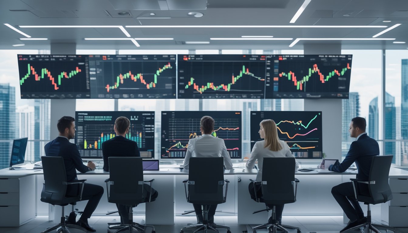 Ruang kantor modern dengan beberapa profesional yang sedang menganalisis grafik pasar saham di layar komputer.