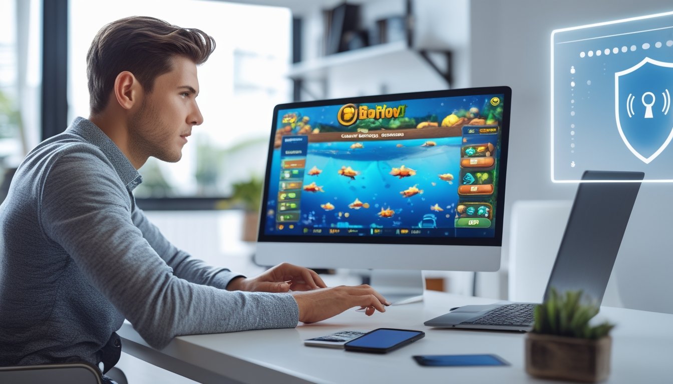 Seorang pria muda duduk di meja dengan laptop yang menampilkan permainan tembak ikan, di sekitarnya terdapat ponsel dan kartu kredit, menunjukkan transaksi deposit dan penarikan yang aman.