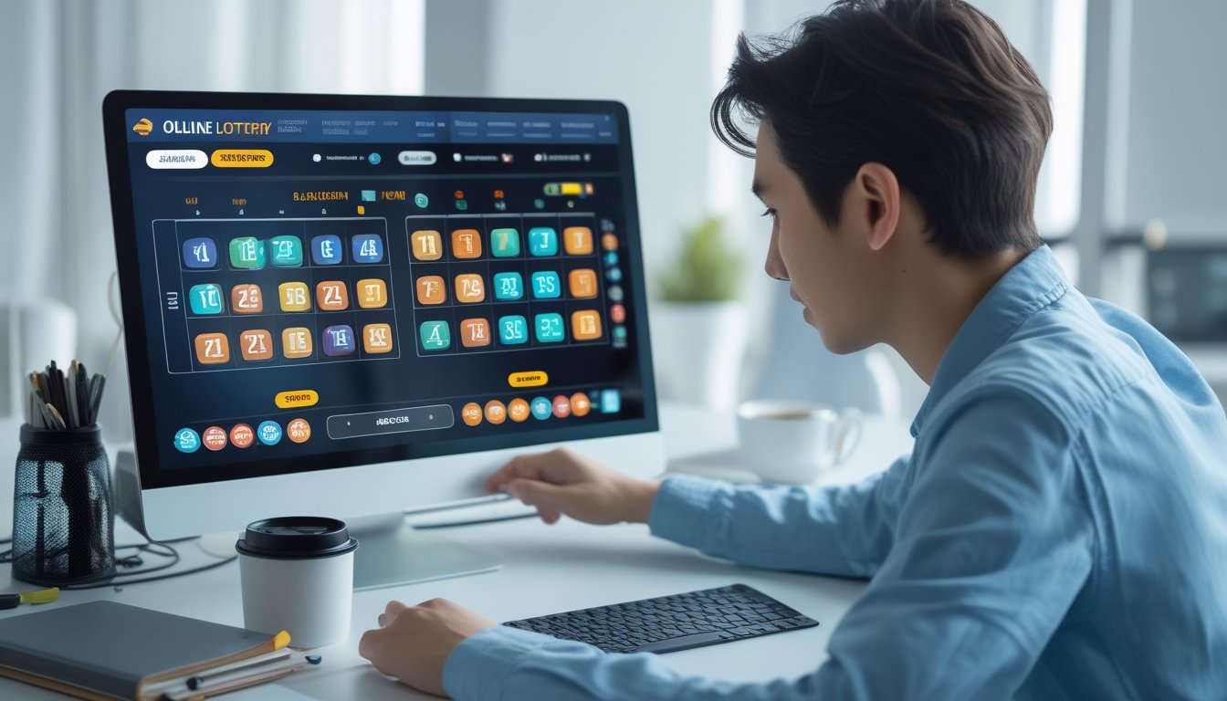 Seorang dewasa muda sedang menggunakan komputer dengan antarmuka permainan togel online 4D di meja kerja yang rapi dan terang.