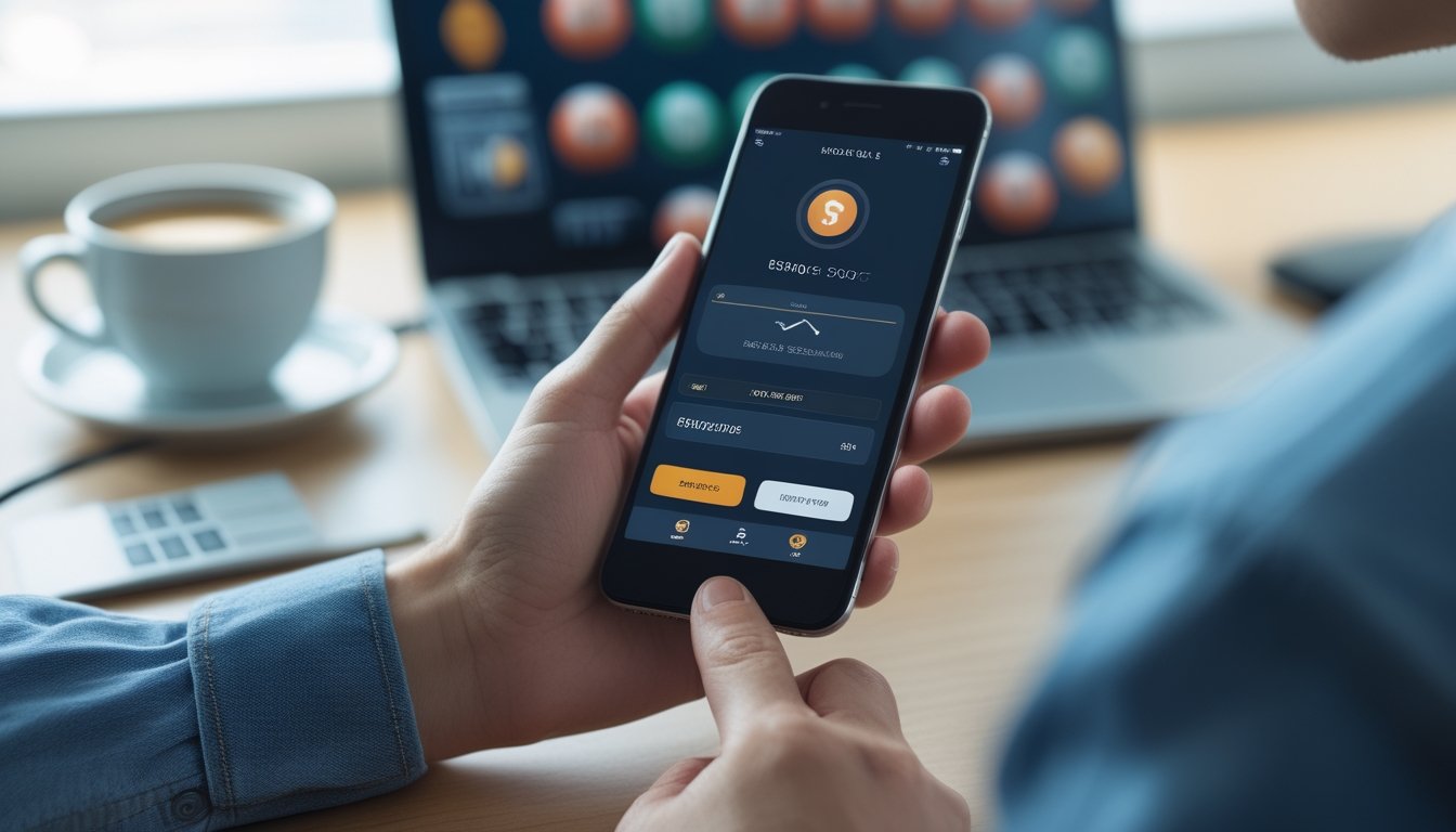Seseorang memegang ponsel dengan aplikasi e-wallet terbuka di meja kerja dengan laptop dan cangkir kopi di latar belakang.