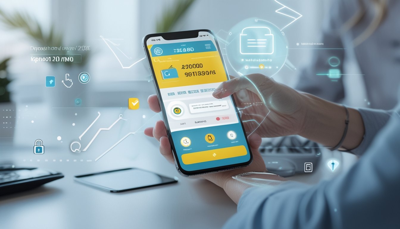Tangan seseorang memegang ponsel dengan aplikasi e-wallet yang menampilkan proses deposit instan di latar ruang kantor atau rumah yang terang.