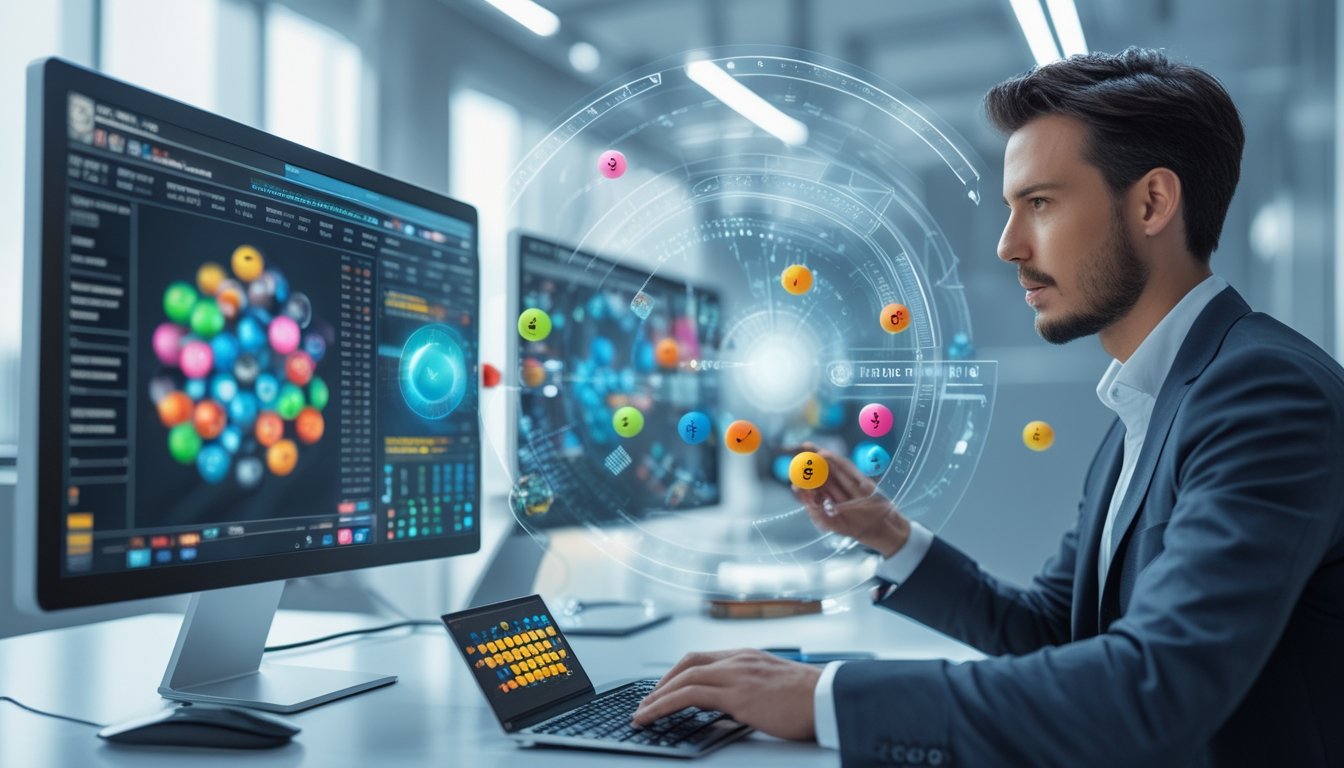 Seorang pria menggunakan antarmuka digital dengan angka acak dan bola lotere di layar komputer dalam lingkungan kantor modern.