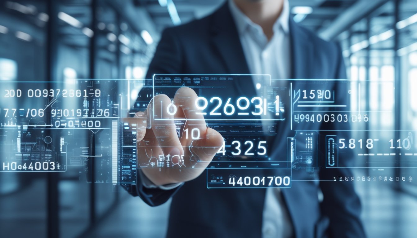 Seorang profesional menggunakan tampilan holografik dengan angka acak dan data digital di lingkungan kantor modern.