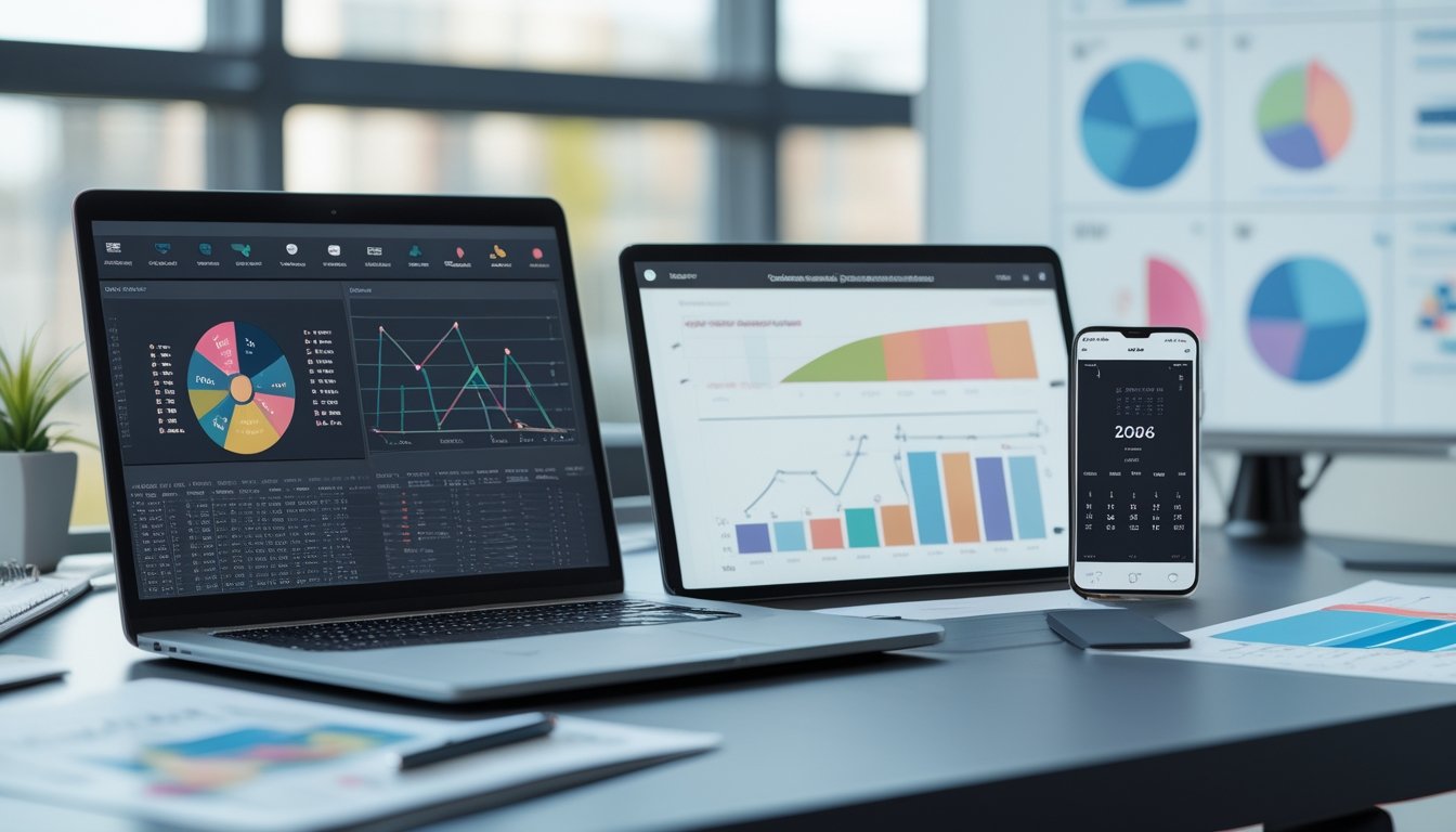 Meja kerja modern dengan laptop, tablet, dan dokumen berisi grafik dan data angka, menunjukkan analisis pola angka keluaran sepanjang tahun 2026.