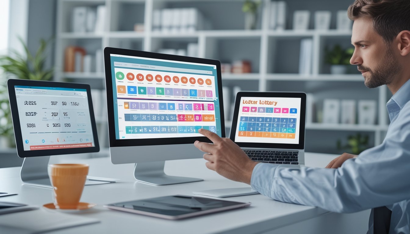 Seorang pria sedang menganalisis data angka di depan laptop dan tablet di ruang kerja modern dengan pencahayaan alami.