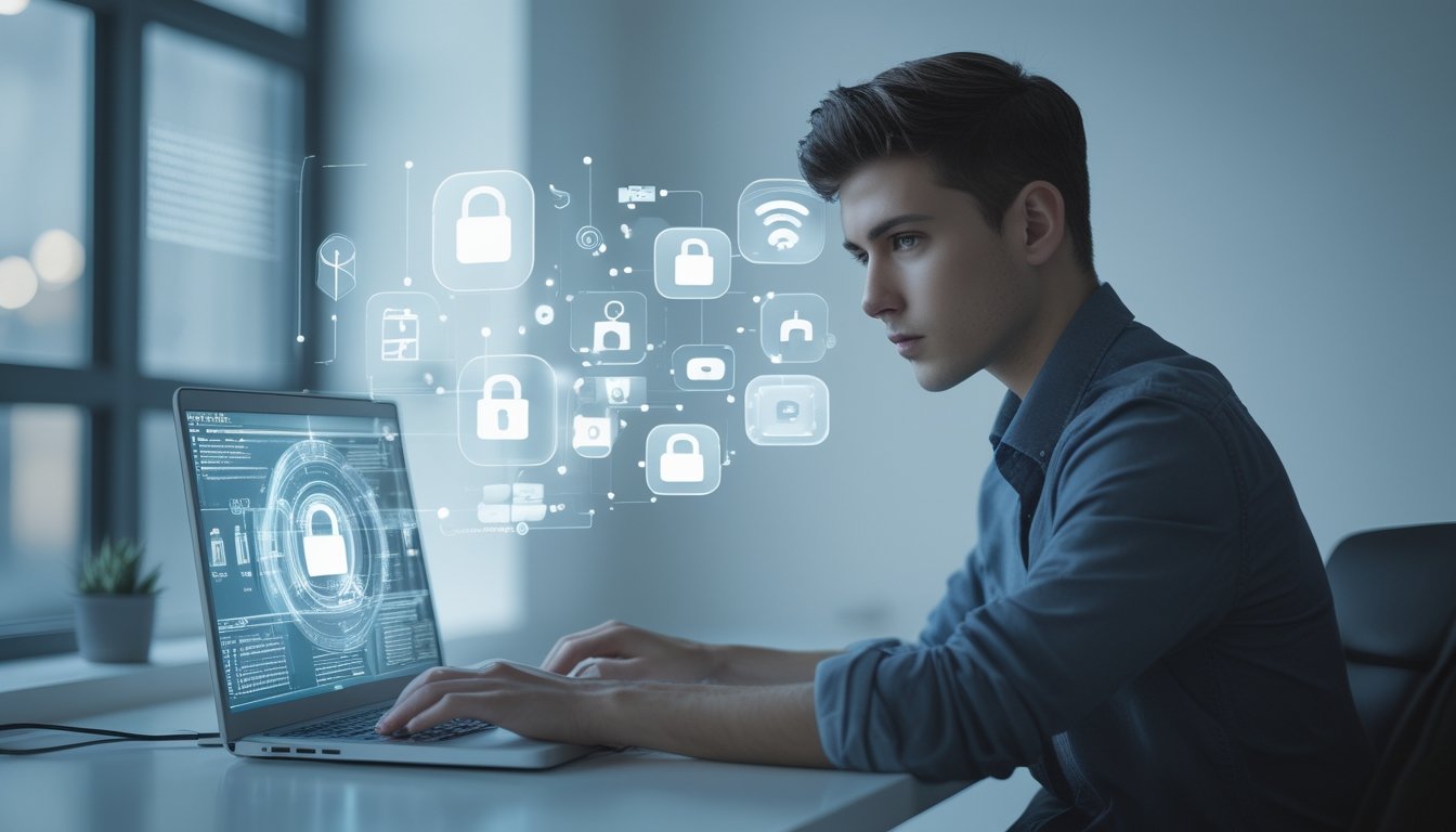 Seseorang duduk di depan laptop di ruang kerja rumah, terlihat fokus dan berhati-hati saat menggunakan komputer dengan ikon digital mengambang di sekitar layar.