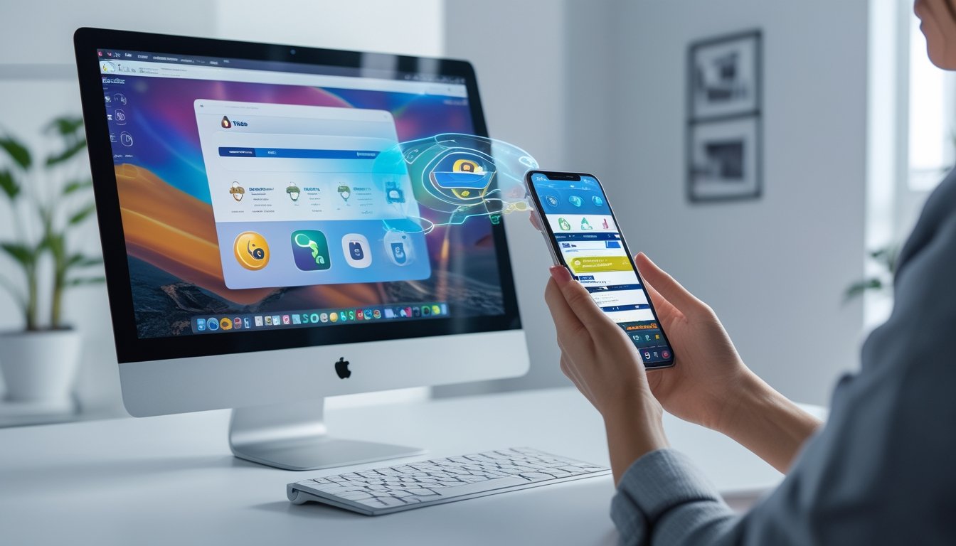 Seorang pengguna memegang ponsel dengan aplikasi togel terbuka dan komputer desktop menampilkan situs togel di browser, di ruang kerja modern.