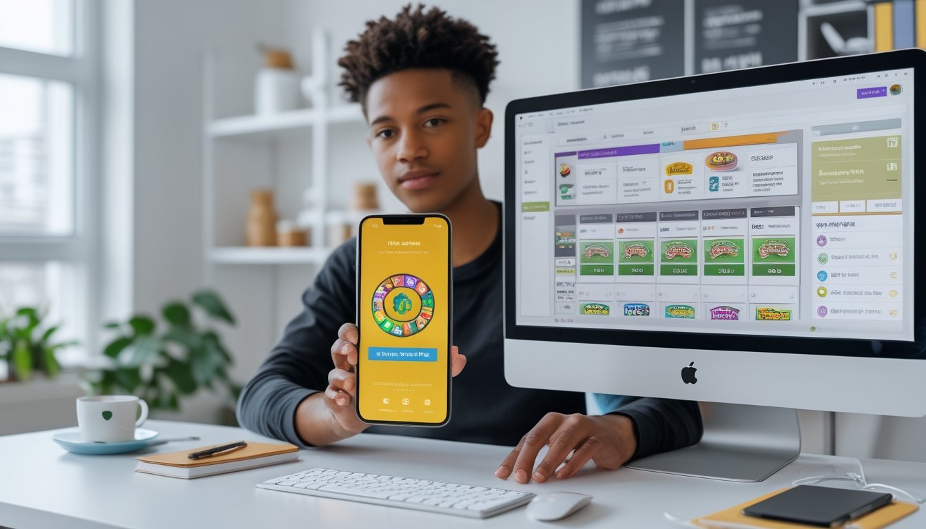 Seseorang menggunakan ponsel dan komputer desktop berdampingan di ruang kerja modern, menampilkan aplikasi togel online di ponsel dan platform browser togel di komputer.