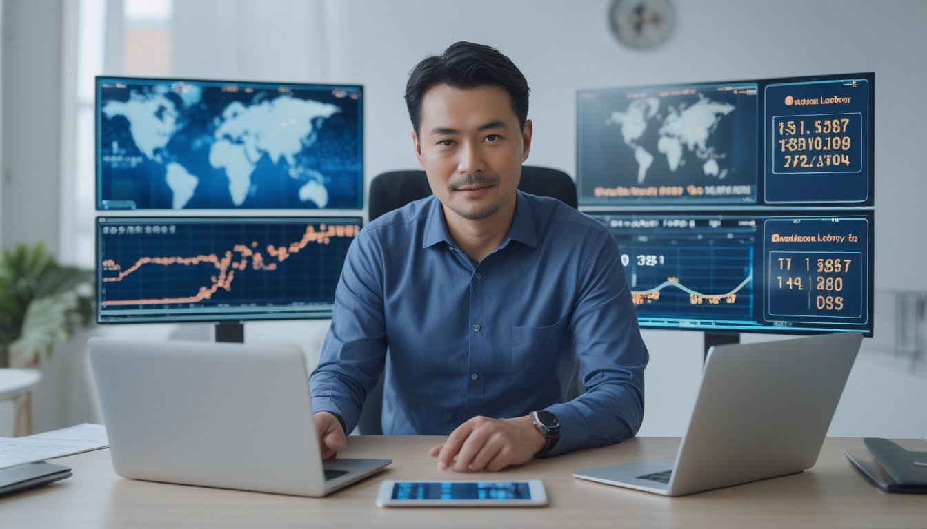 Seorang pria Asia dewasa duduk di meja modern dengan laptop dan ponsel, melihat layar digital yang menampilkan grafik dan peta dunia terkait pasar togel internasional.