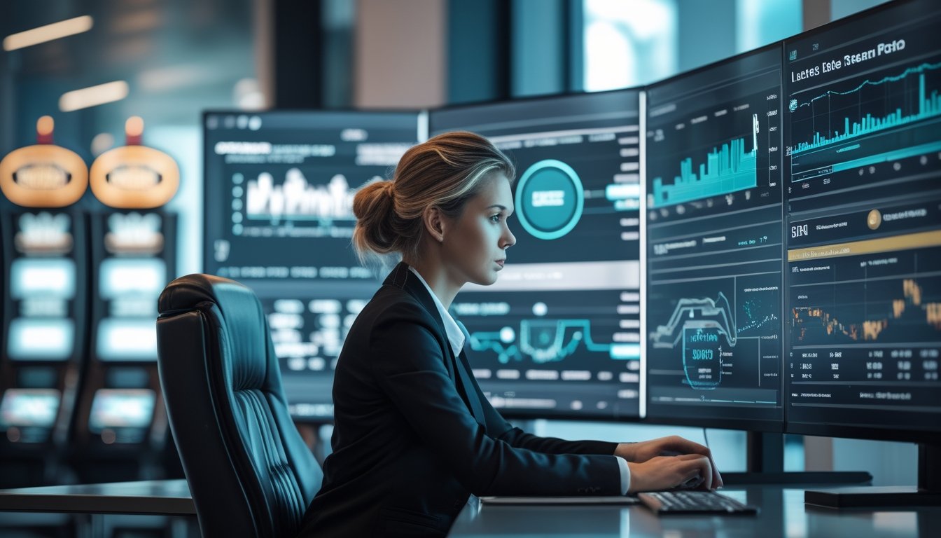 Seorang wanita profesional sedang menganalisis data di depan beberapa layar komputer dengan grafik dan pola terkait mesin slot.