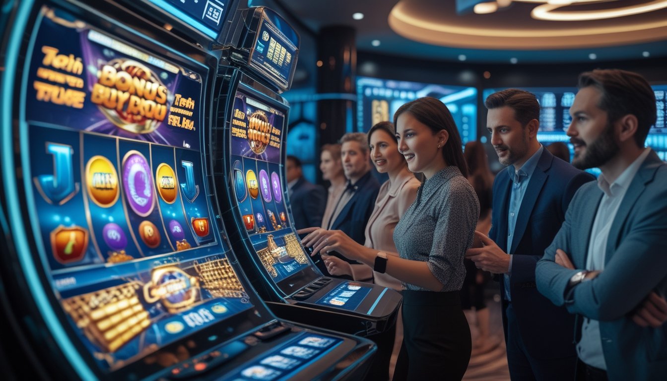 Orang-orang sedang menggunakan mesin slot modern dengan layar sentuh besar di ruang kasino yang terang dan futuristik.