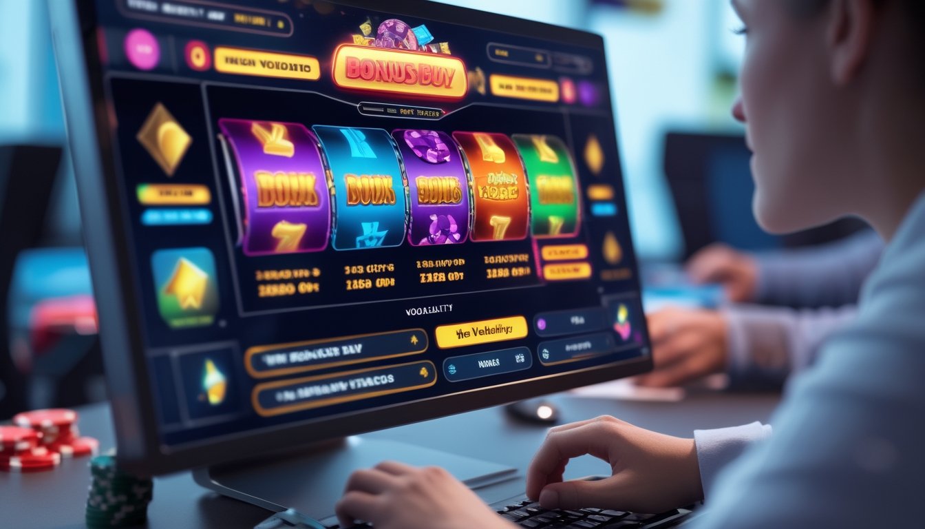 Seseorang sedang melihat layar komputer dengan tampilan mesin slot online dan fitur bonus di ruang kerja yang rapi.