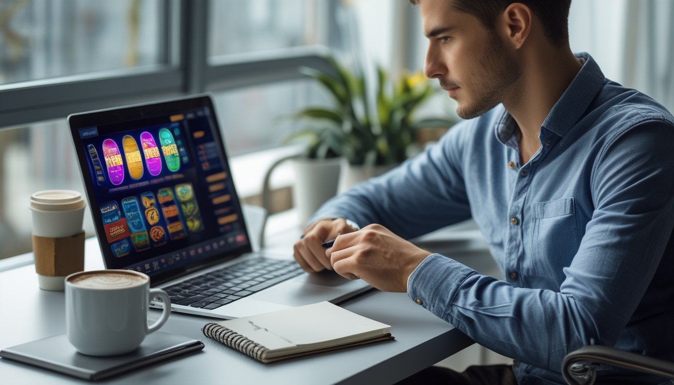 Seseorang duduk di meja dengan laptop yang menampilkan permainan slot online, mencatat di buku kecil dan menggunakan ponsel untuk mengelola anggaran.
