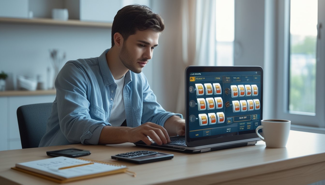 Seorang dewasa muda duduk di meja dengan laptop, kalkulator, dan buku catatan, fokus mengelola modal kecil saat bermain slot online.