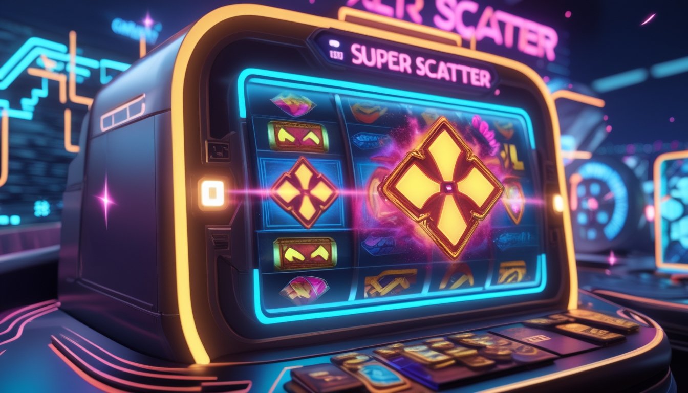Mesin slot online futuristik dengan simbol scatter yang menyala dan elemen digital di sekitarnya.