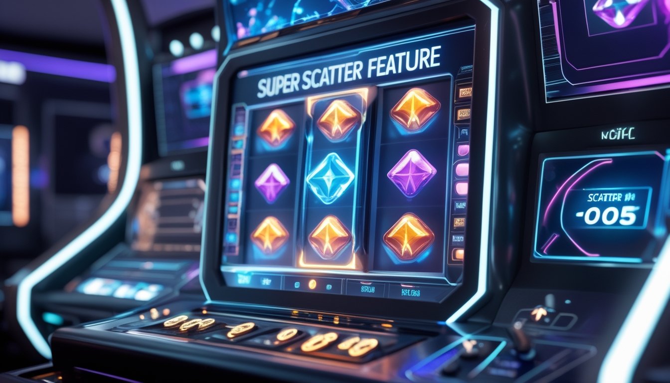 Mesin slot digital futuristik dengan simbol scatter yang menyala dan efek cahaya holografik di latar belakang kasino modern.