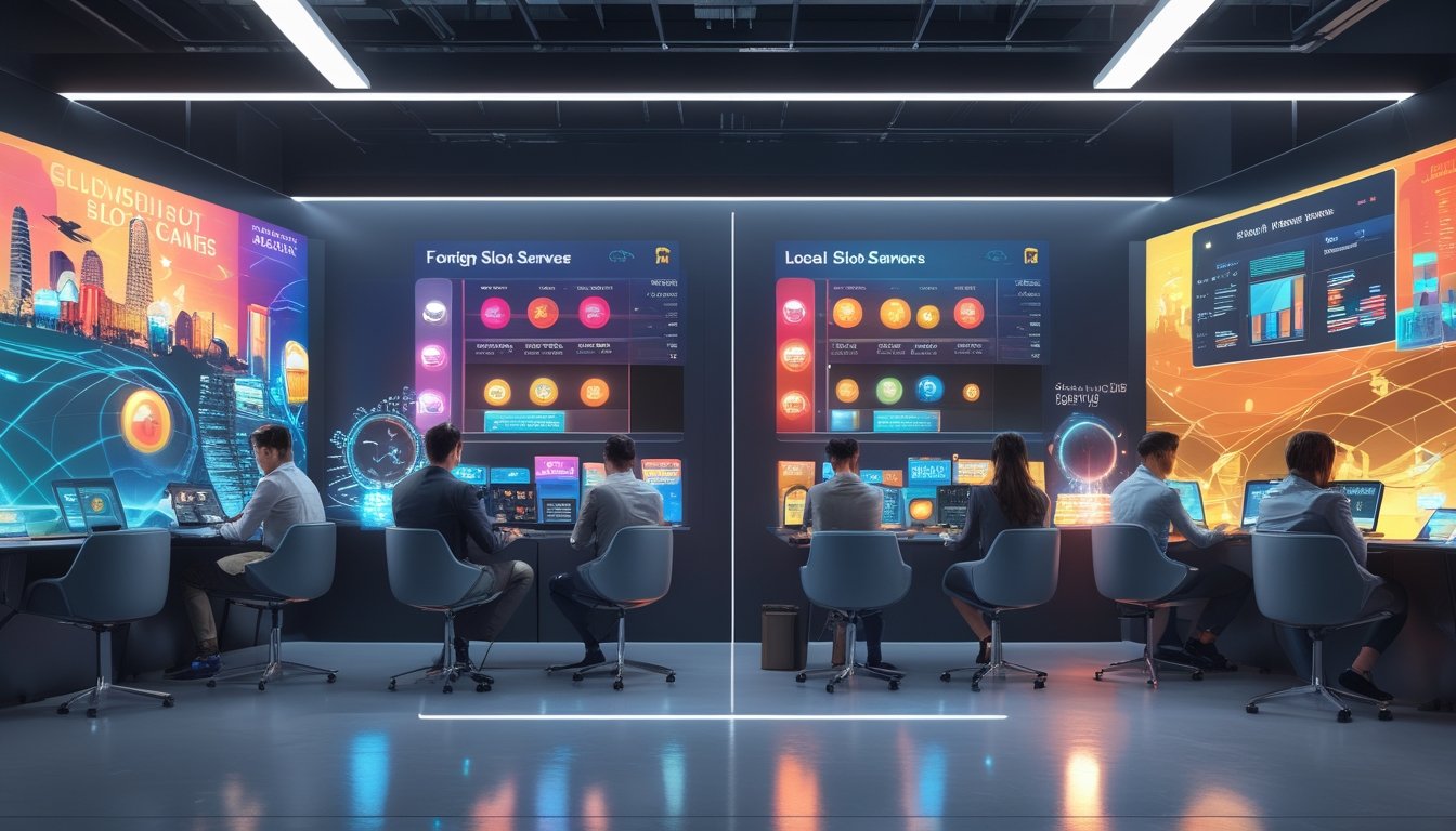 Sejumlah profesional sedang menganalisis data di depan dua layar digital yang menampilkan perbandingan antara server slot luar negeri dan server lokal tahun 2026.