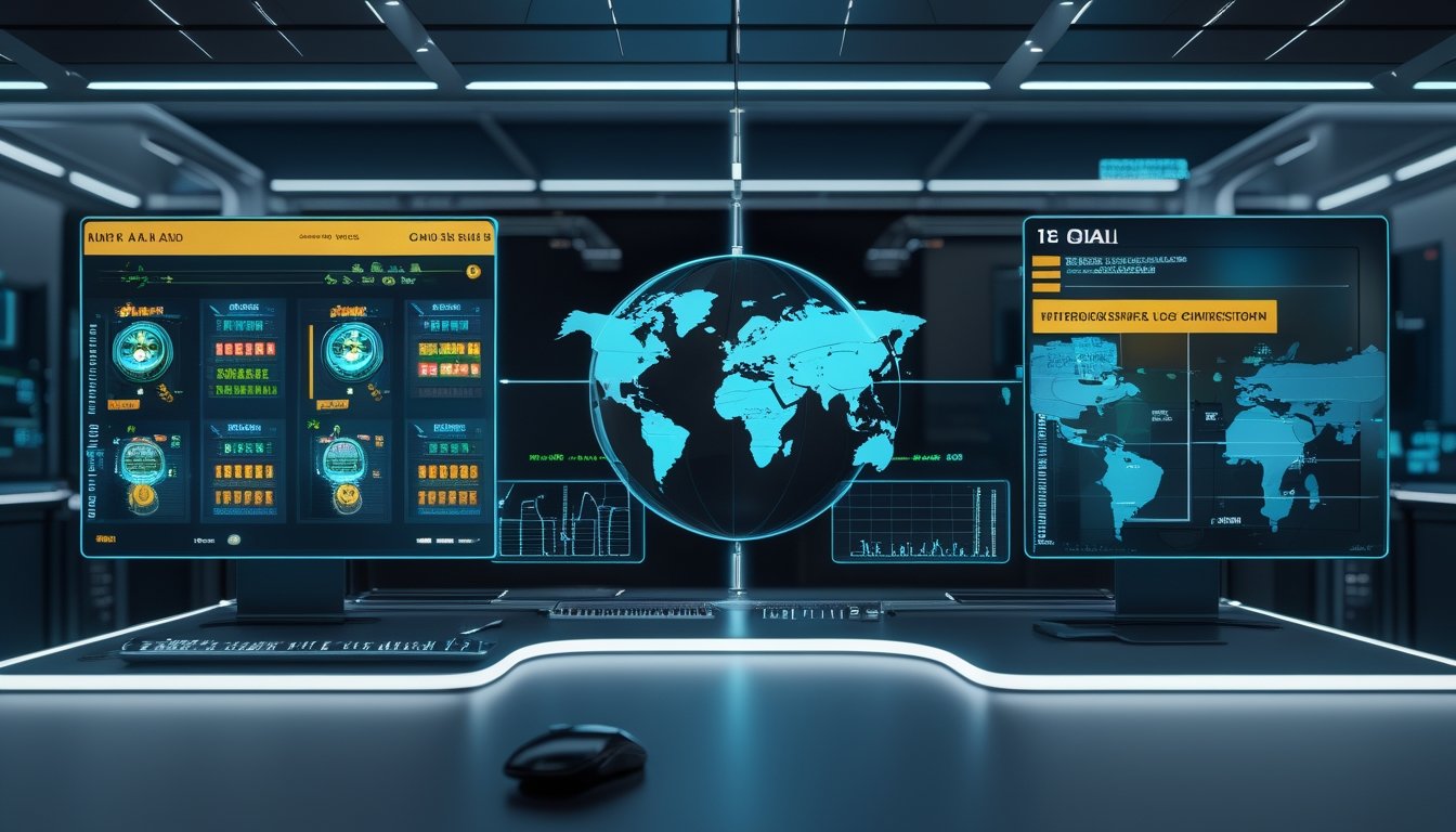 Suasana ruang kerja digital dengan layar transparan menampilkan permainan slot dan diagram jaringan server internasional dan lokal.