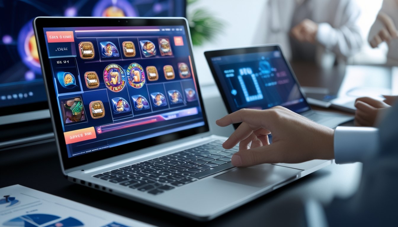 Seseorang menggunakan laptop dengan tampilan permainan slot online dan jam digital di meja, menunjukkan aktivitas menentukan waktu bermain berdasarkan jam server.