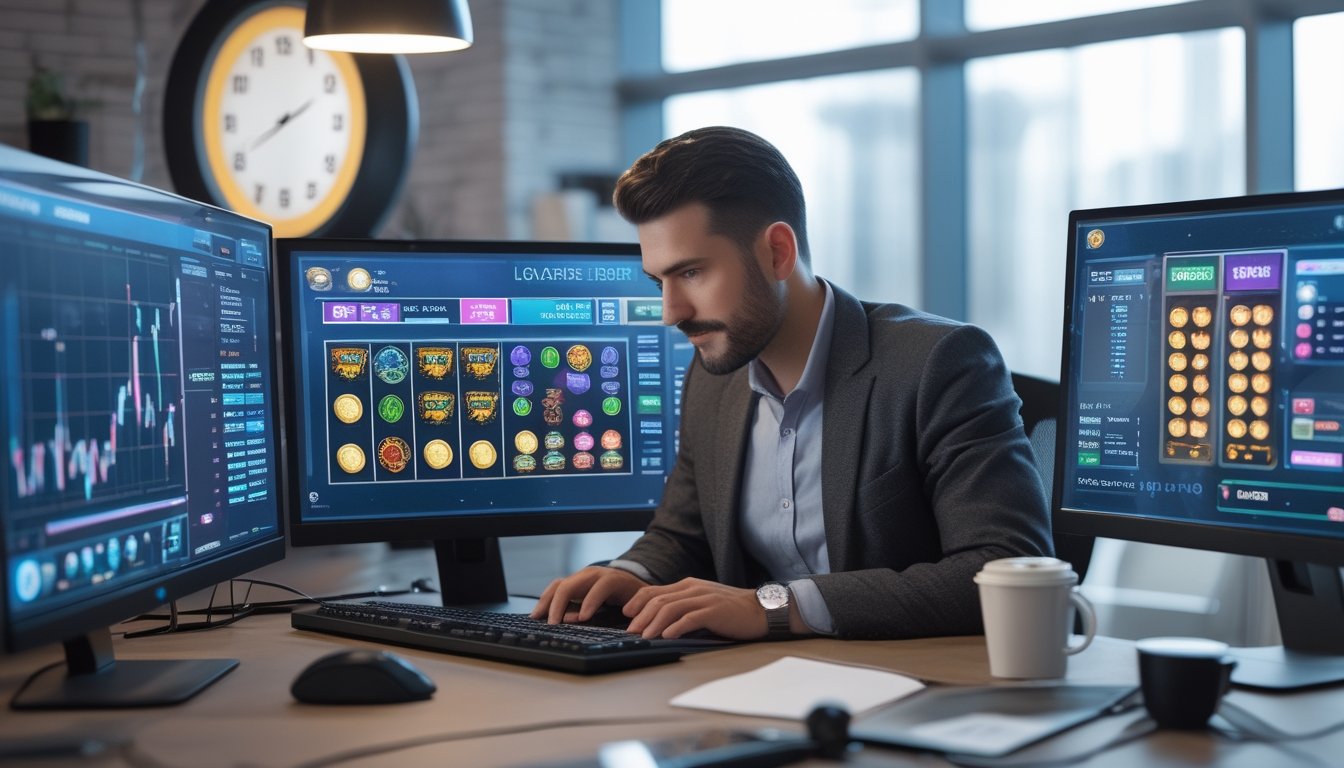 Seorang pria sedang menganalisis data di beberapa layar komputer yang menampilkan grafik dan mesin slot digital di ruang kerja modern.