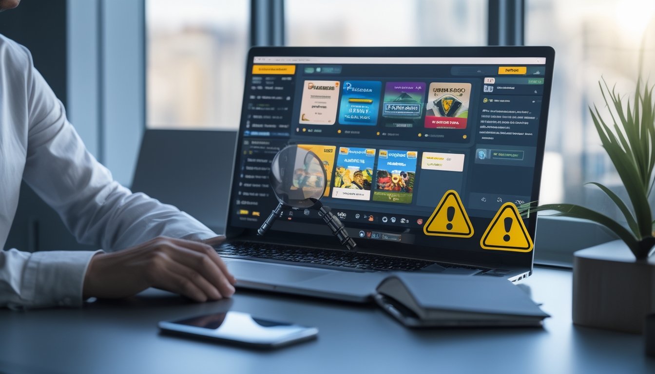 Seseorang duduk di depan laptop sambil melihat layar yang menampilkan media sosial dan gambar permainan slot, dengan alat tulis dan ponsel di meja, menunjukkan fokus pada keamanan dan kewaspadaan terhadap penipuan online.