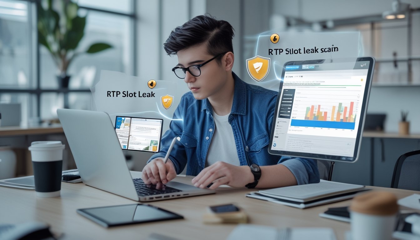 Seseorang duduk di meja kerja dengan beberapa perangkat digital, memperhatikan layar yang menampilkan media sosial dan grafik, menunjukkan upaya menghindari penipuan online.