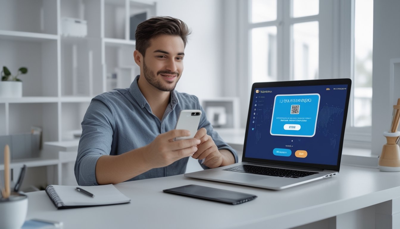 Seorang pria muda duduk di meja kerja menggunakan ponsel untuk memindai kode QR yang ditampilkan di layar laptop dalam ruangan yang terang dan rapi.