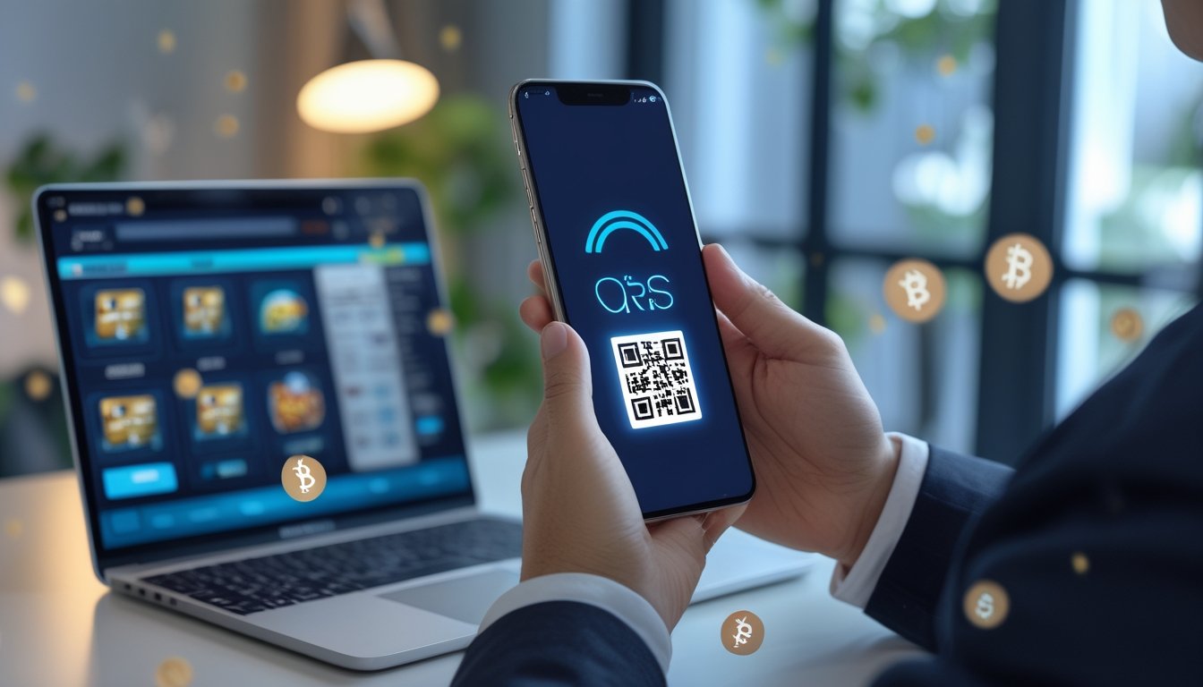 Seseorang memegang ponsel dengan kode QR di layar di depan laptop yang menampilkan permainan slot online di lingkungan rumah atau kantor.