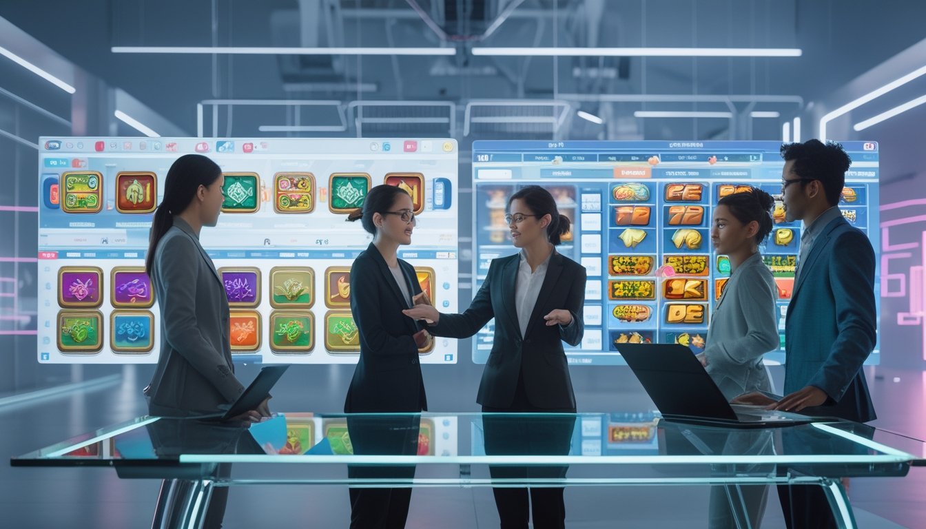 Beberapa profesional muda sedang membandingkan fitur dua permainan digital di depan layar transparan di ruang kerja modern.