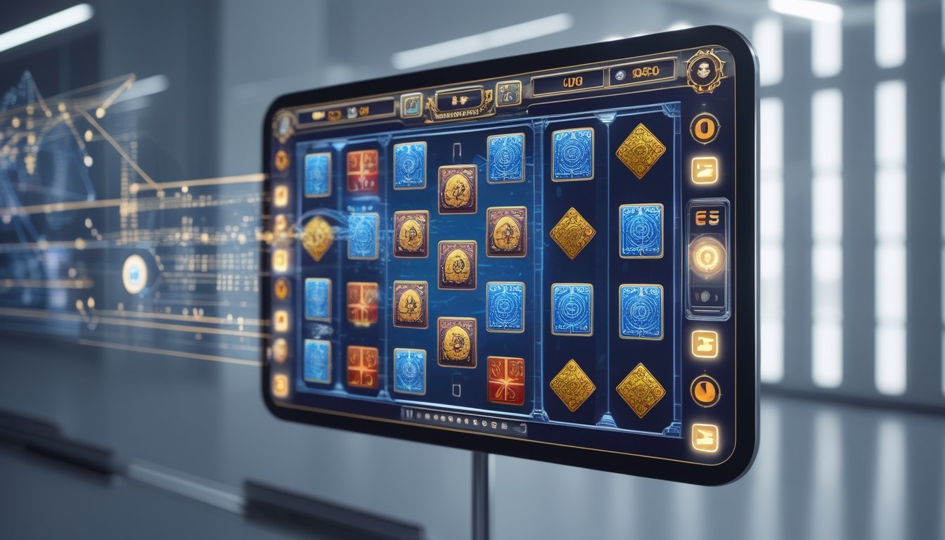 Tampilan layar digital modern dengan permainan slot bertema Mahjong yang penuh warna dan detail, di ruangan kantor yang bersih dan terang.