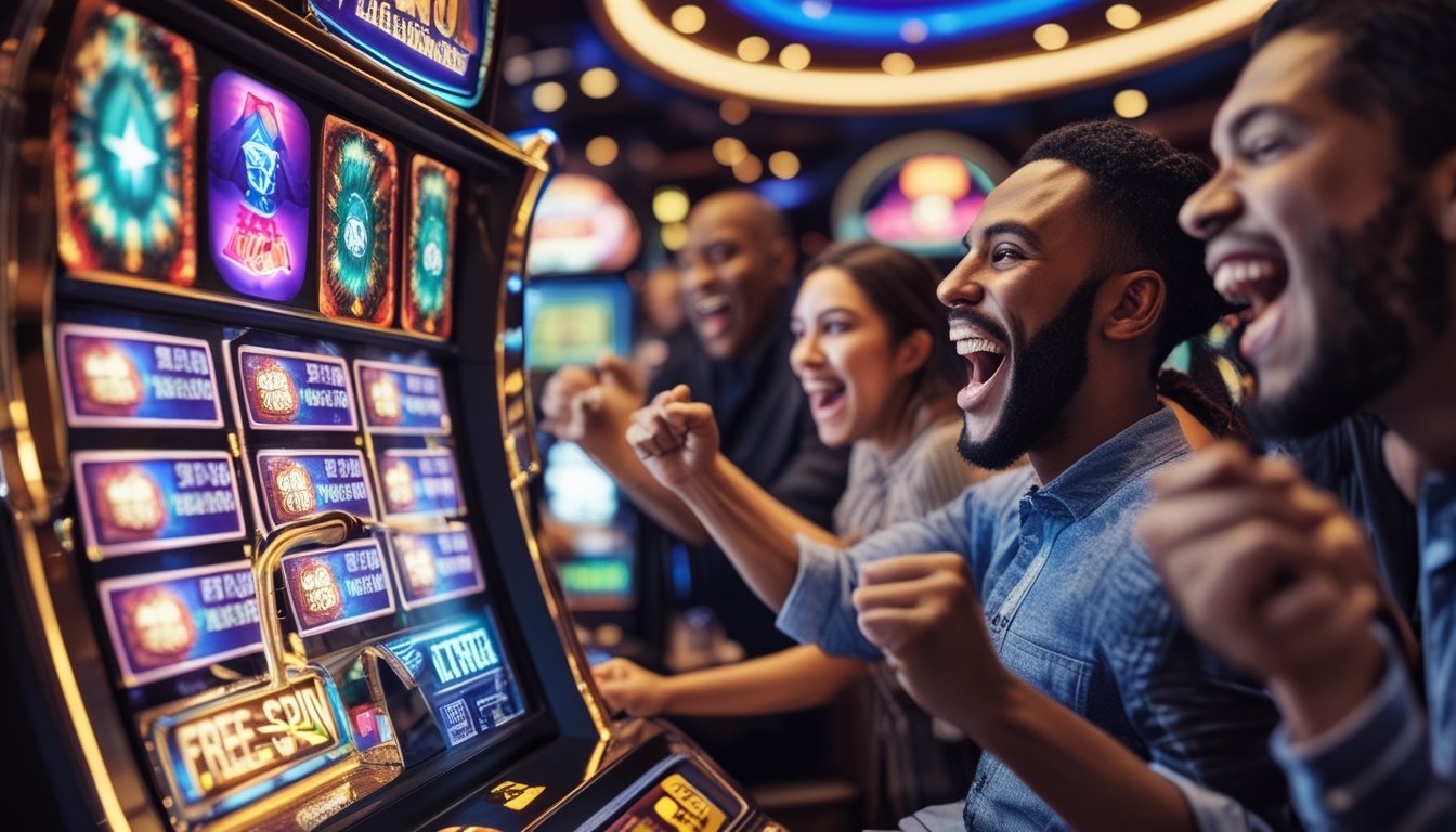 Beberapa pemain di kasino yang sedang merayakan kemenangan besar di mesin slot dengan tampilan warna-warni dan suasana meriah.