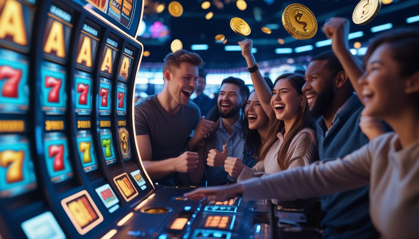 Orang-orang bermain mesin slot digital dengan ekspresi gembira saat mendapatkan kemenangan besar.